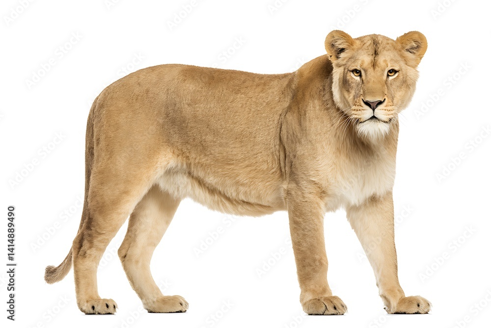 Obraz premium Lioness standing isolated on white background