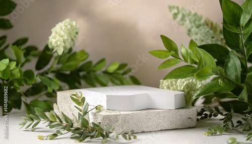 White minimal pedestal podium, for cosmetic product presentation, 3d rendering illustration.