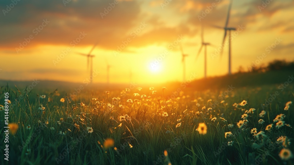 renewable energy solutions, sustainable energy at agriculture farm. wind turbines at green maize or or corn field with blurred wind turbines at background.