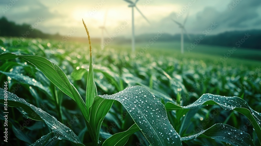 renewable energy solutions, sustainable energy at agriculture farm. wind turbines at green maize or or corn field with blurred wind turbines at background.