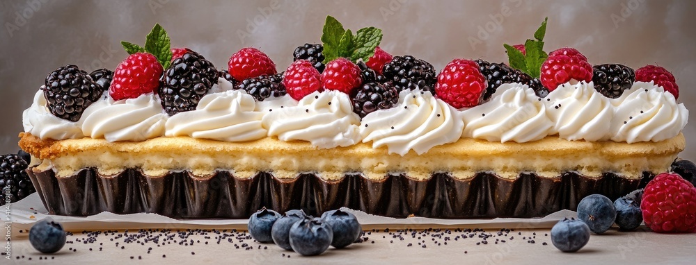 A beautifully crafted vanilla cake features luscious cream, fresh berries, and poppy seeds, set against a calming grey background.