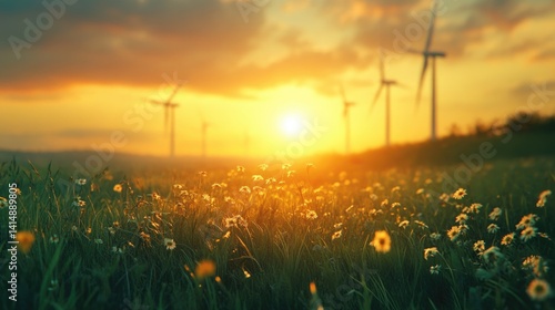 Obraz na płótnie renewable energy solutions, sustainable energy at agriculture farm. wind turbines at green maize or or corn field with blurred wind turbines at background. w salonie