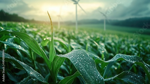 Obraz na płótnie renewable energy solutions, sustainable energy at agriculture farm. wind turbines at green maize or or corn field with blurred wind turbines at background. w salonie