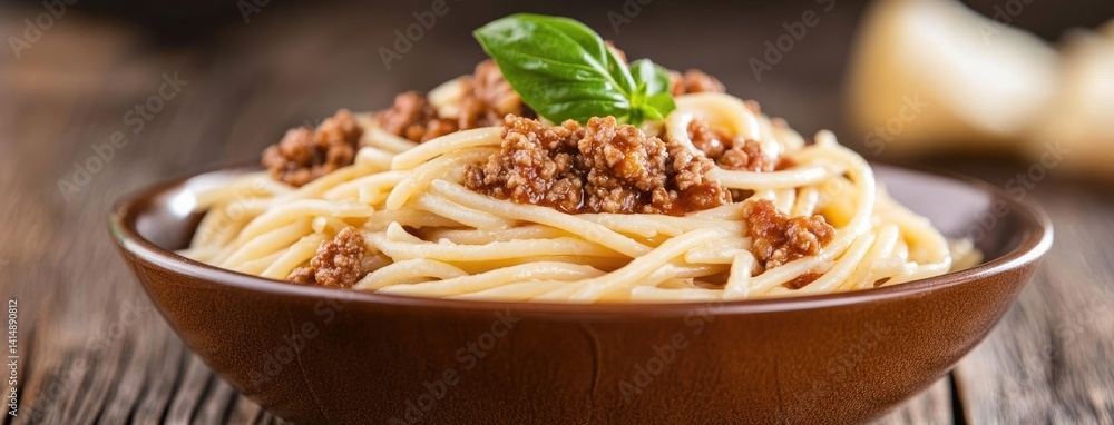 Close-up of spaghetti with tomato sauce, basil, and Parmesan cheese on a wooden table, highlighting its appetizing presentation
