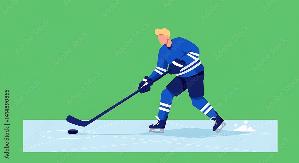 Obraz premium Illustrative scene depicting an ice hockey player aiming for the puck on a rink