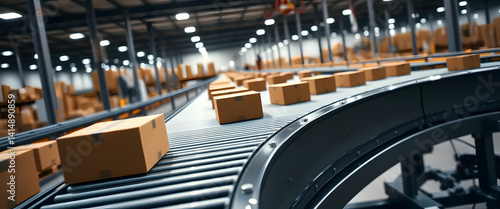 Automated packaging and sorting action in warehouse conveyor system industrial environment aerial view efficiency concept