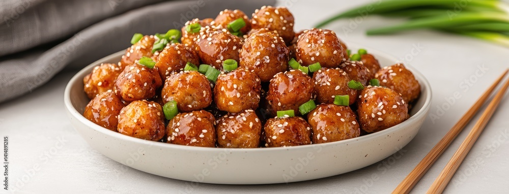 Plump Korean chicken wings drizzled with hoisin sauce and garnished with green onions and sesame seeds on a gray tabletop.