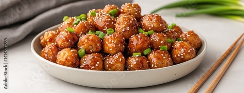 Obraz na płótnie Plump Korean chicken wings drizzled with hoisin sauce and garnished with green onions and sesame seeds on a gray tabletop. w salonie
