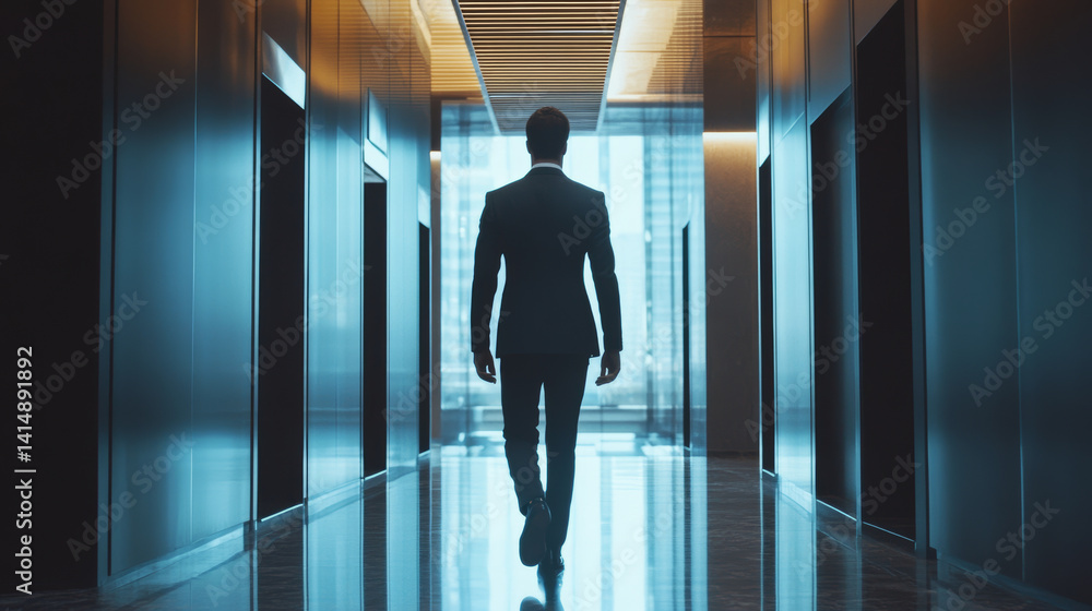 Fototapeta premium Businessman walking through modern office corridor urban setting action scene professional environment rear view determination