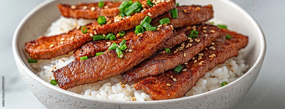Sliced beef rests atop fluffy rice, drizzled with balsamic sauce and garnished with green onions and sesame seeds for a flavorful dish
