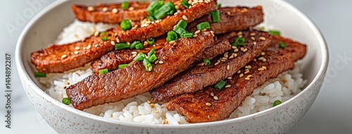 Obraz na płótnie Sliced beef rests atop fluffy rice, drizzled with balsamic sauce and garnished with green onions and sesame seeds for a flavorful dish w salonie
