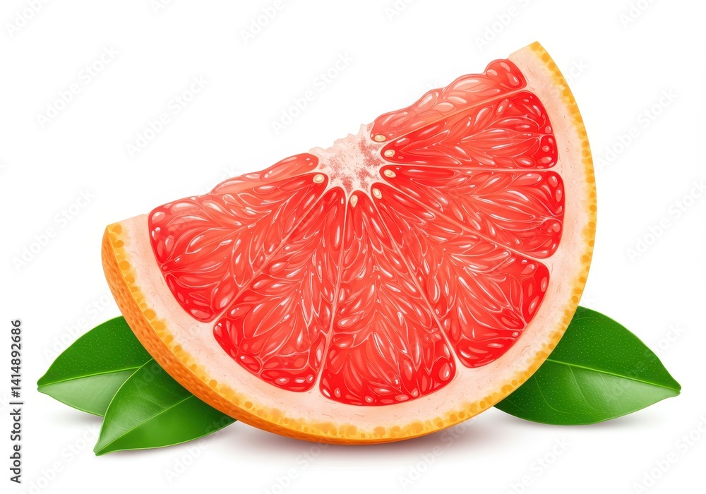 Juicy pink grapefruit wedge with translucent pulp and green leaves on white background Juicy pink grapefruit wedge with translucent pulp and green leaves on white background