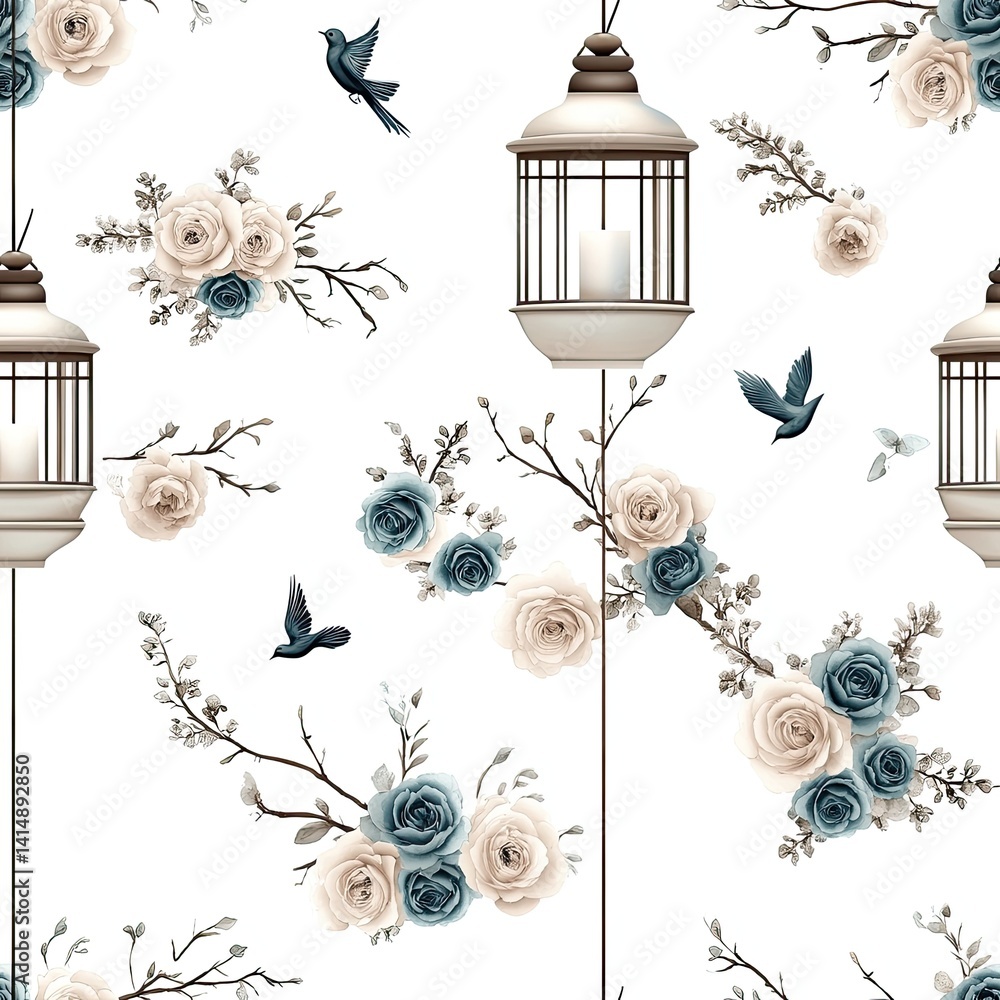 Decorative design showcases an intricate chinoiserie pattern of pink peonies, blue birds, and lanterns against a crisp white background SEAMLESS PATTERN