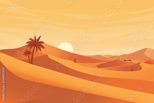 Minimalist Desert Dunes at Dusk, Silhouette Landscape of Desert Twilight at Sunset, Cactus and Date Palm Illustration
