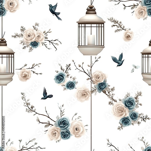Obraz na płótnie Decorative design showcases an intricate chinoiserie pattern of pink peonies, blue birds, and lanterns against a crisp white background SEAMLESS PATTERN w salonie