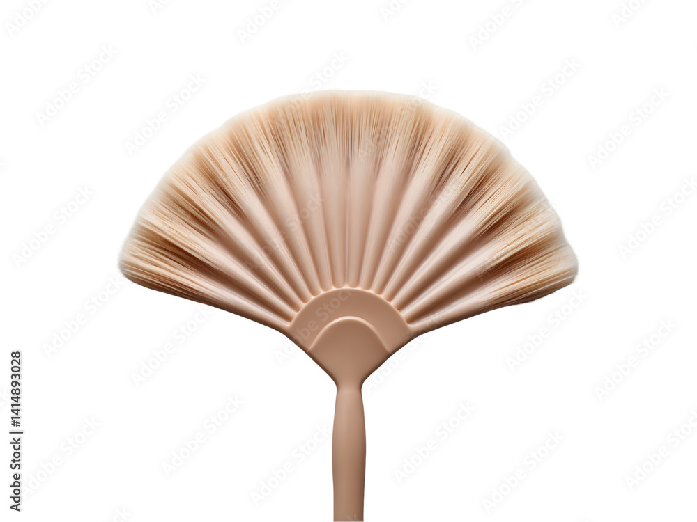 Detailed studio shot of a pristine makeup fan brush against a stark background emphasizing its texture and design for beauty product advertisement or educational material