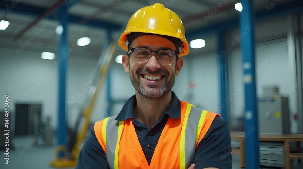 A smiling man wearing a hard hat and safety vest stands with arms crossed in a modern office, representing a confident construction worker or engineer in a professional workplace environment. A smiling man wearing a hard hat and safety vest stands with arms crossed in a modern office, representing a confident construction worker or engineer in a professional workplace environment.