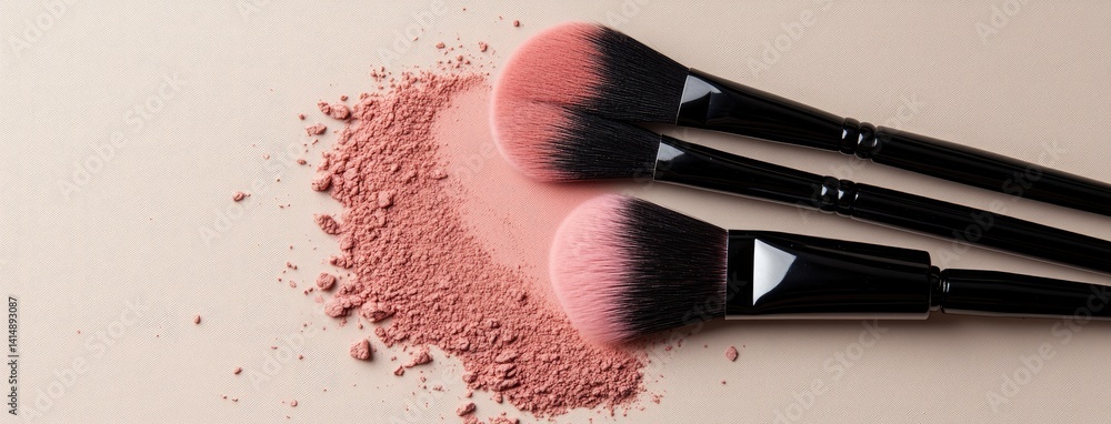 Two makeup brushes rest on a beige surface, surrounded by soft loose powder, highlighting beauty essentials for a flawless look