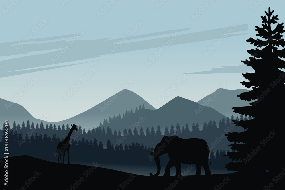 Φωτογραφία Silhouettes Landscape of Wild Animals in Forest at Dusk, Giraffe and Elephant in