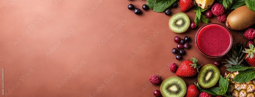 A vibrant tropical fruit smoothie made with pineapple, kiwi, and strawberry, creating a splash against a bright orange background