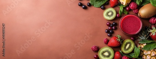 Obraz na płótnie A vibrant tropical fruit smoothie made with pineapple, kiwi, and strawberry, creating a splash against a bright orange background w salonie