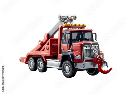 Obraz na płótnie Detailed Studio Shot of a Red and Blue Toy Tow Truck with Hook Against Isolated Background, Perfect for Kids' Toy Collections and Automotive-Themed Designs, Product Photography w salonie
