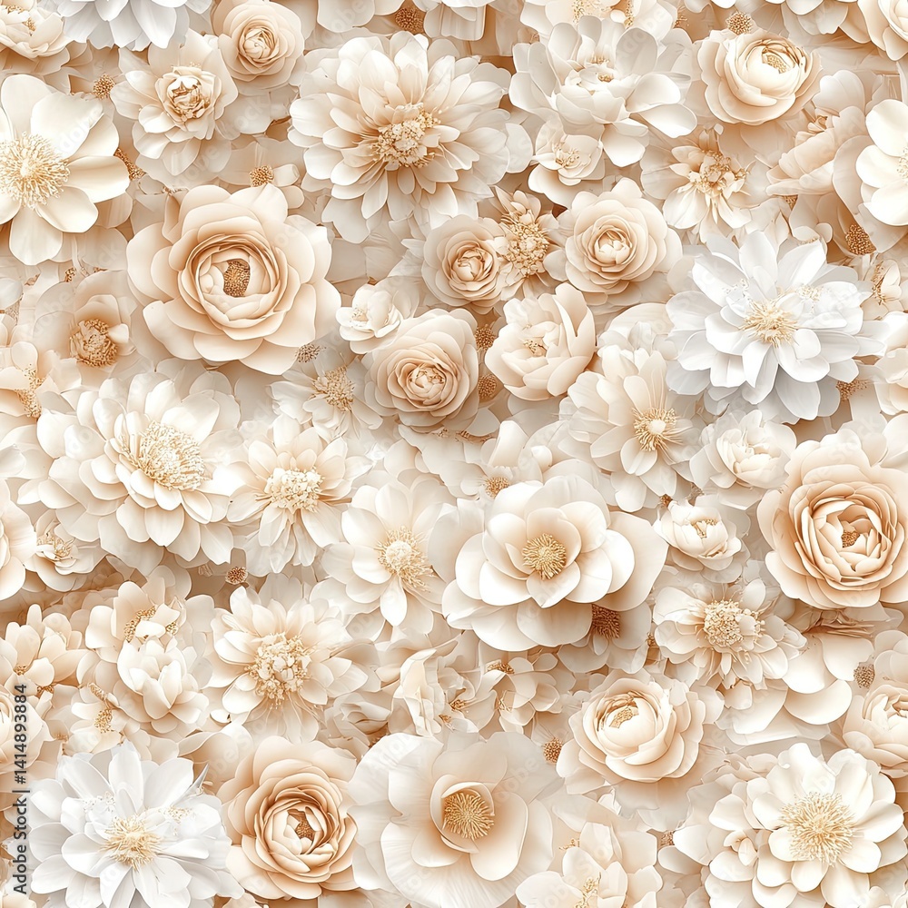 This beautiful floral pattern showcases roses and peonies in soft beige tones against an aged background, creating an inviting atmosphere SEAMLESS PATTERN