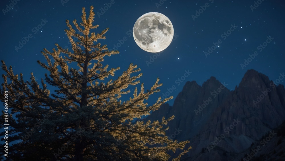 Naklejka premium Full Moon Shining Over Mountains and Evergreen Tree at Night