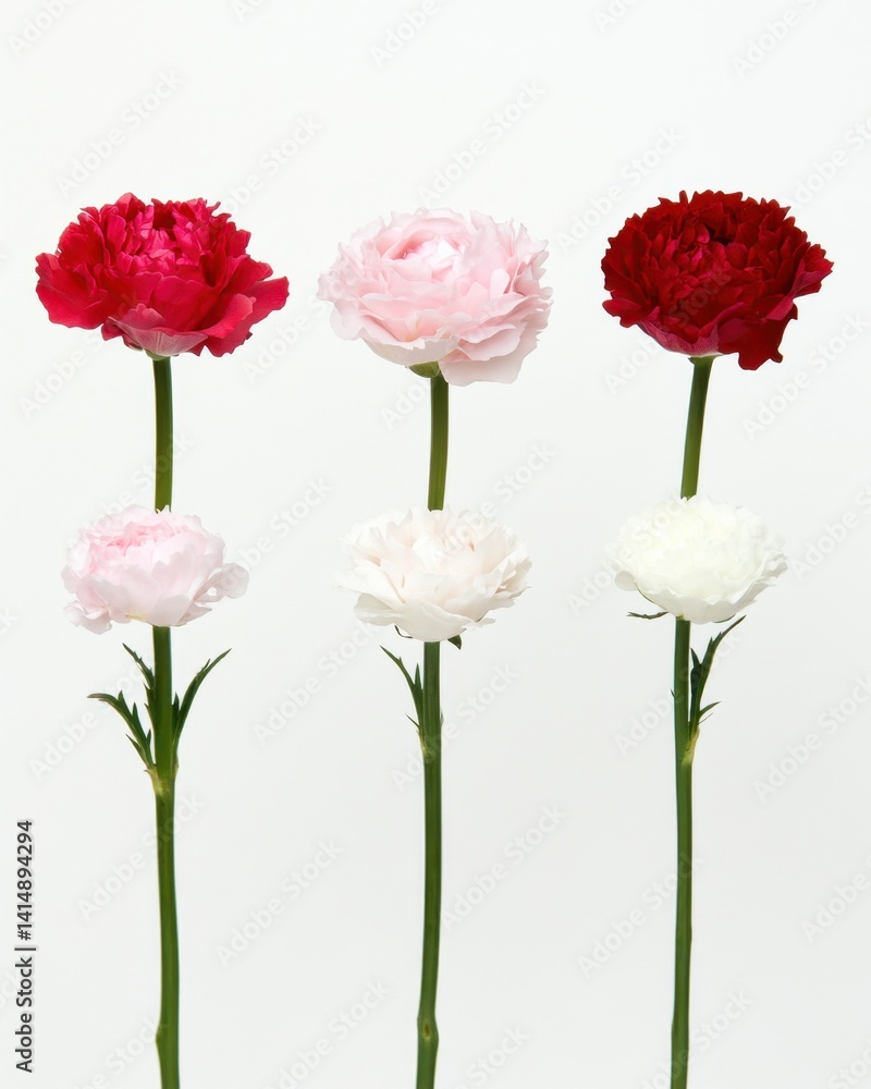 Obraz premium Elegant arrangement of vibrant ranunculus flowers in red pink and white against a clean white background showcasing delicate petals