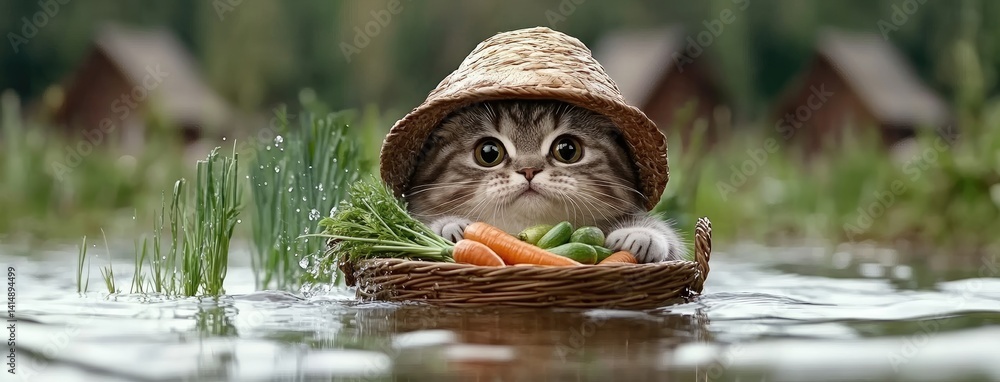 A cheerful American Shorthair cat dressed in a plaid shirt waters vibrant carrots alongside a smiling child in a sunny garden