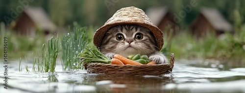 Obraz na płótnie A cheerful American Shorthair cat dressed in a plaid shirt waters vibrant carrots alongside a smiling child in a sunny garden w salonie