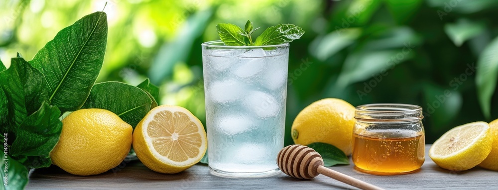 A tall glass of lemonade with ice sits on a wooden table next to a jar of yellow sugar and a bowl of fresh lemons
