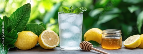 A tall glass of lemonade with ice sits on a wooden table next to a jar of yellow sugar and a bowl of fresh lemons