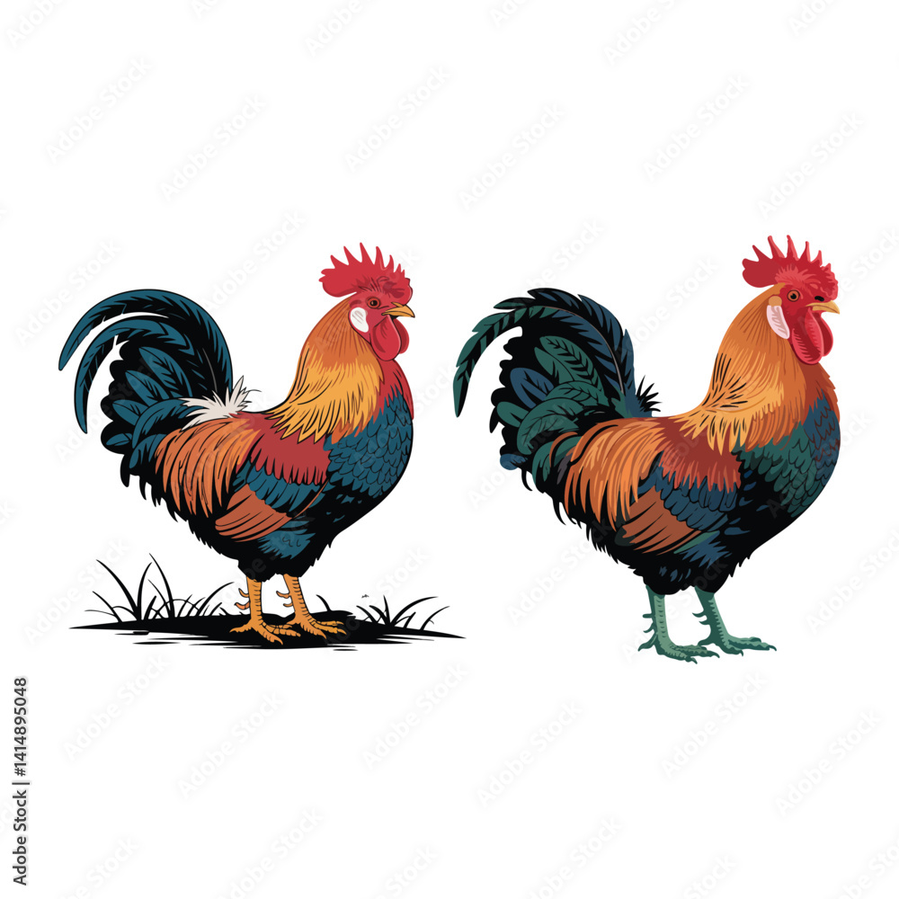Fototapeta premium Rooster Silhouette Colorful Poultry Vector Illustration