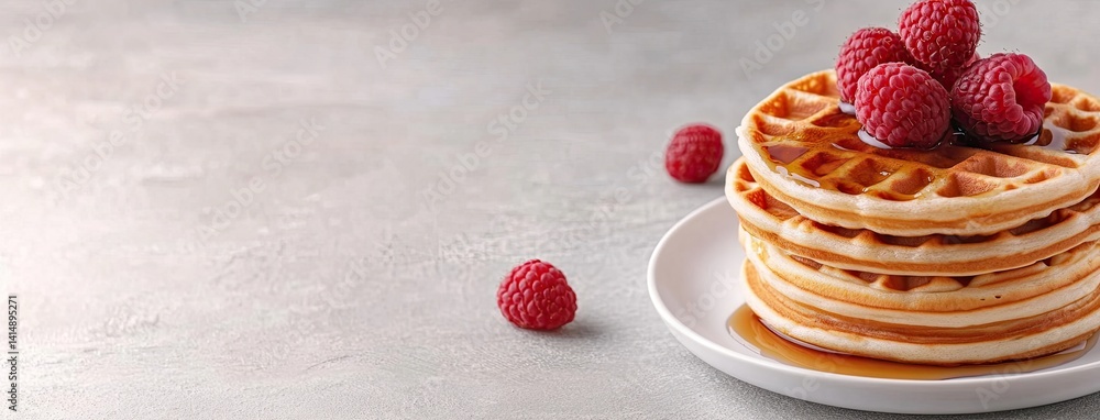Indulge in a stack of golden waffles drizzled with maple syrup and adorned with fresh raspberries, perfect for any breakfast occasion