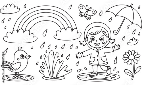 	Girl with umbrella in rain next to rainbow spring weather kids coloring book illustration