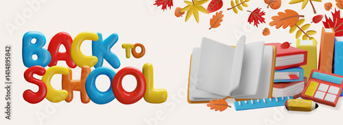 Back to school 3D plastic style vector banner design, cartoon books, mathematics and geometric education school supplies