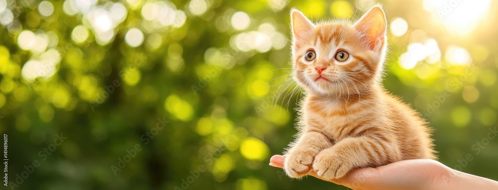 Small orange kitten fits in a hand, showcasing adorable features and fine details, ideal background for pet lovers