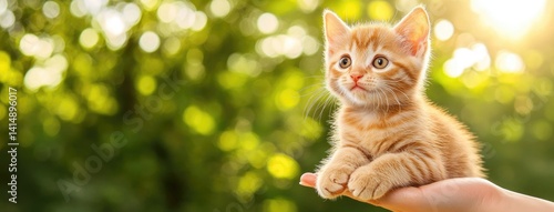 Small orange kitten fits in a hand, showcasing adorable features and fine details, ideal background for pet lovers