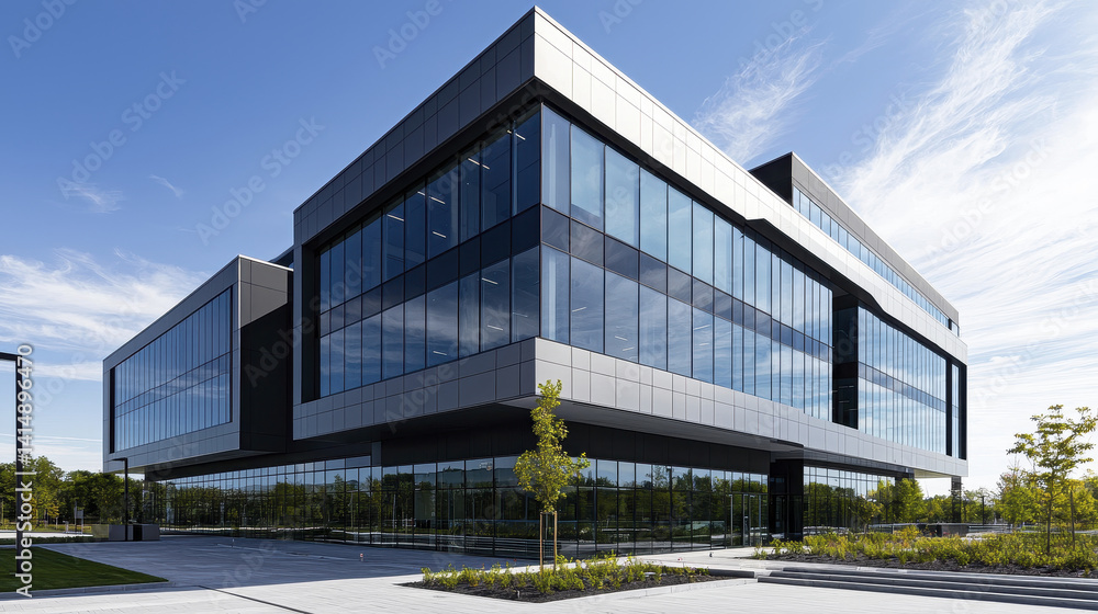 Fototapeta premium Sleek modern office building exterior with large glass windows and greenery