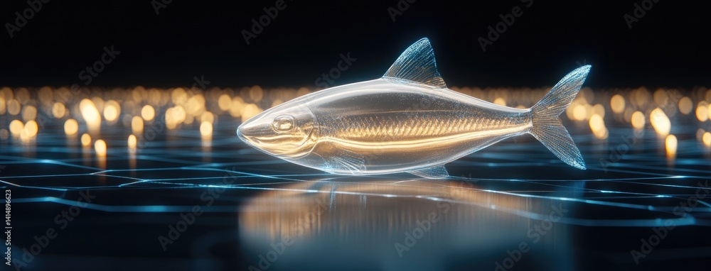 A blue glass fish model displays intricate details with bright highlights and a metallic sheen, set against a striking black background