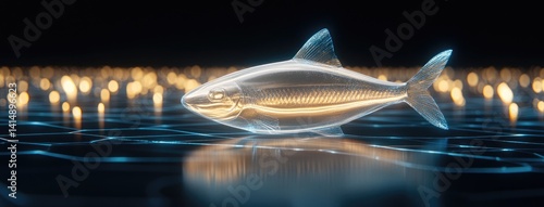 Obraz na płótnie A blue glass fish model displays intricate details with bright highlights and a metallic sheen, set against a striking black background w salonie