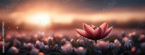 Close-up of vibrant red lilies adorned with dew, set against a breathtaking sunset over an expansive flower field