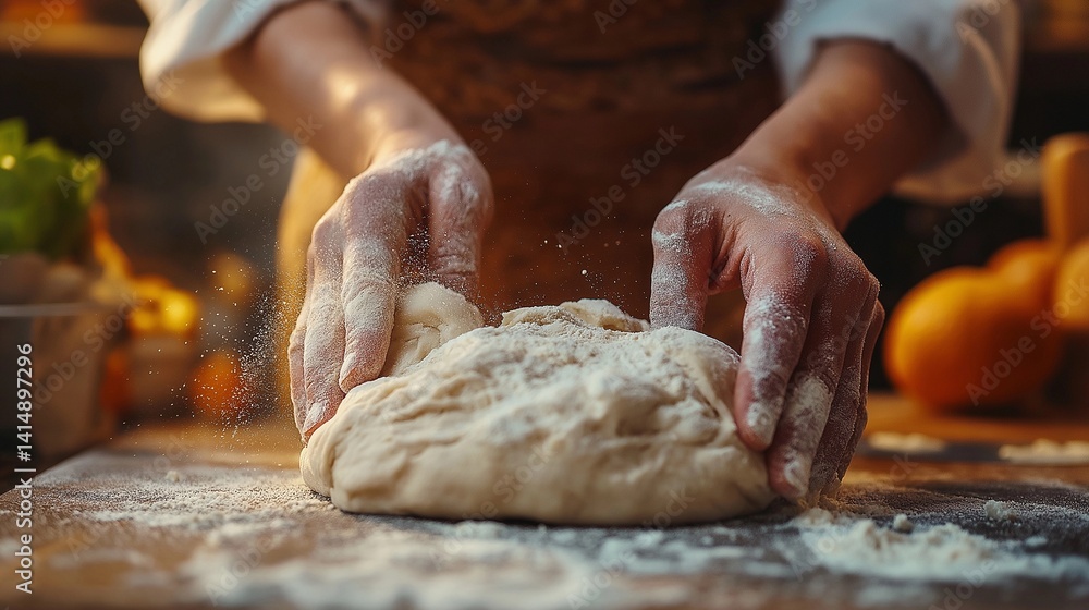 Hands kneading dough in a rustic kitchen setting Hands kneading dough in a rustic kitchen setting