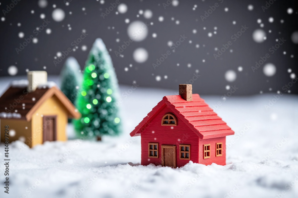 small red house in the snow with a christmas tree in the background small red house in the snow with a christmas tree in the background