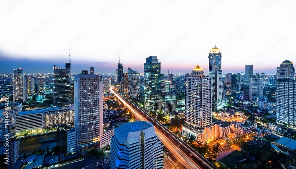 Obraz premium modern bangkok city skyline at night with illuminated buildings isolated on a white background capturing the vibrant urban architecture of thailand