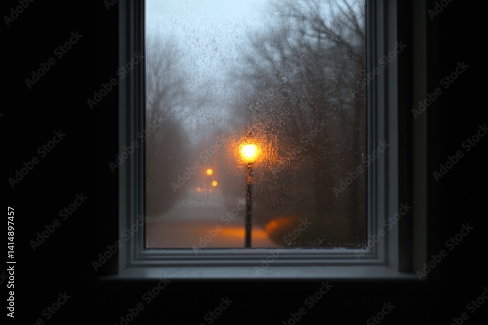 Fototapeta premium Foggy evening view through window, warm glow from streetlamp ill