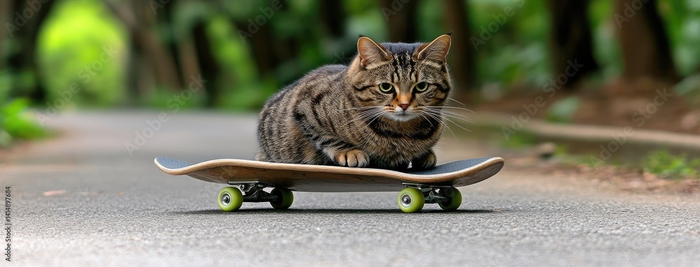 A cute cat showcases its skills on a skateboard, gliding confidently along a sunny path surrounded by colorful autumn leaves