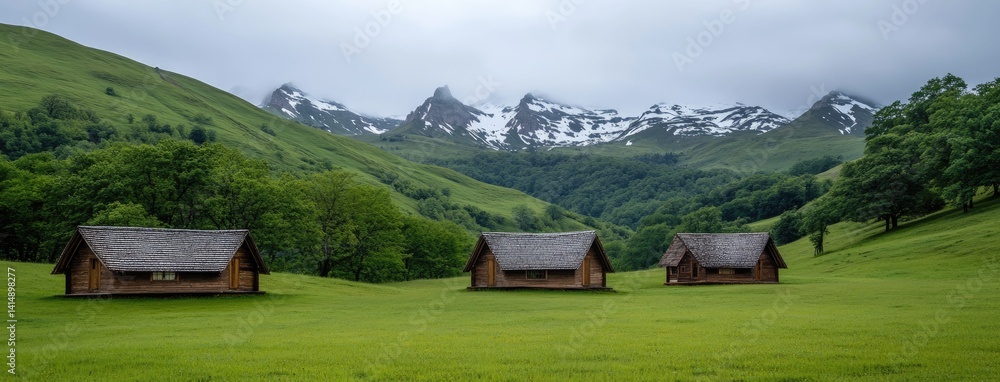 Discover a picturesque landscape in the Andes with green hills, thatched huts, and towering snow-capped peaks under a beautiful sky