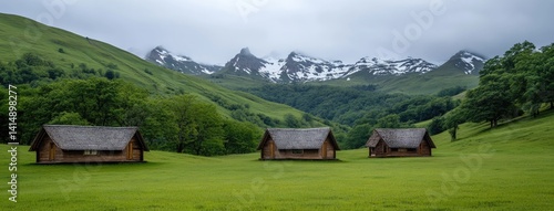 Obraz na płótnie Discover a picturesque landscape in the Andes with green hills, thatched huts, and towering snow-capped peaks under a beautiful sky w salonie
